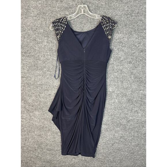 Cache Womens Mini Dress Size 2 Navy Blue Beaded Party Cocktail Ruched Padded New - Picture 2 of 9